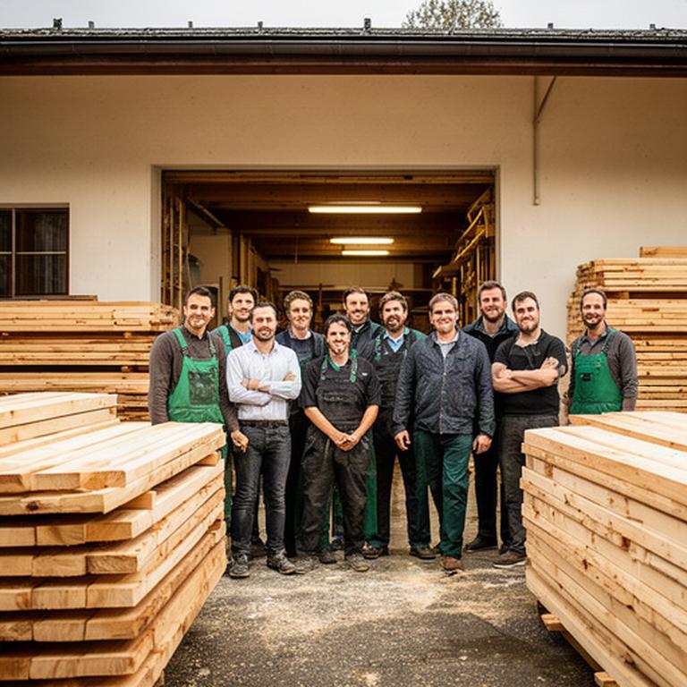 Gesamte Belegschaft von Müller Form vor der Werkstatt in St. Gallen mit Holzstapeln und Werkstattfassade