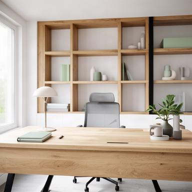 Helles Büro mit massivem Schreibtisch, Eichenregal und klarer Arbeitsumgebung