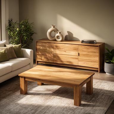 Stilvolles Wohnzimmer mit massivem Sofatisch, Eichen-Sideboard und warmem Tageslicht