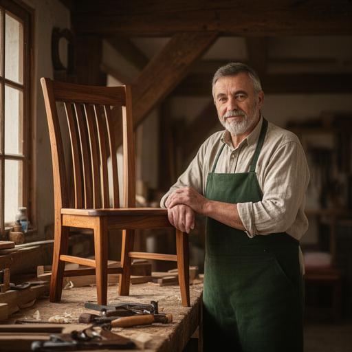 Matyas Stampfli, Schreinermeister und Gründer, in der Holzwerkstatt mit einem handgefertigten Stuhl