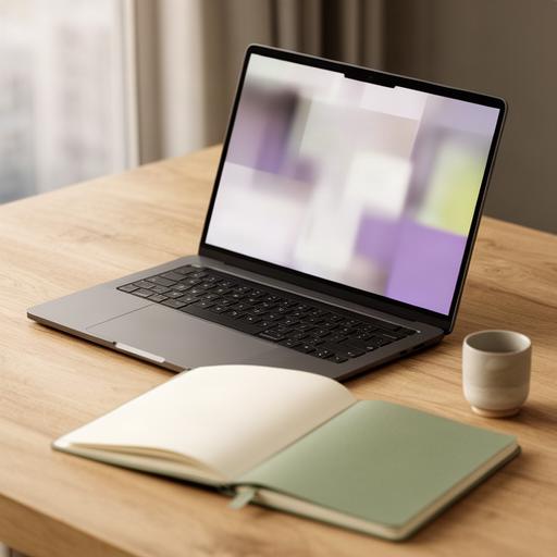 Laptop mit geöffneten Datenschutzeinstellungen neben einem Notizbuch auf einem Holztisch