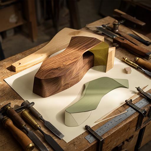 Details aus der Werkstatt von Müller Form mit Holz, Werkzeugen und einem neuen Möbelentwurf