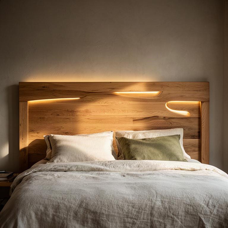 Massives Betthaupt aus Eichenholz mit integrierten Leuchten in einem ruhigen Schlafzimmer