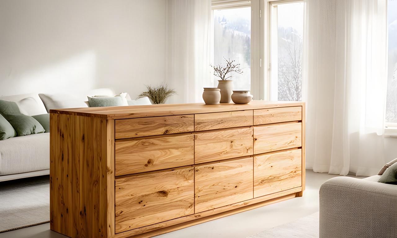 Grosse Anrichte aus handgehobelter Fichte mit markanter Holzmaserung in einem hellen Wohnraum