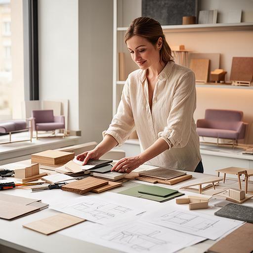 Sefija Aranicki, Innenarchitektin, bei der Entwurfsarbeit an Materialmustern und Möbelzeichnungen