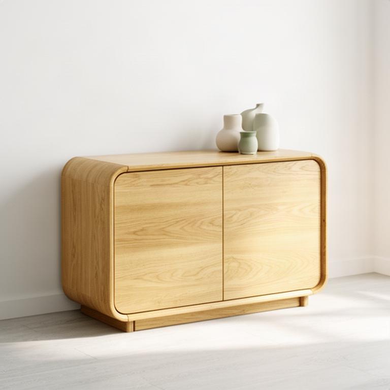 Helles Sideboard aus geölter Eiche mit sanften Rundungen vor einer hellen Wand