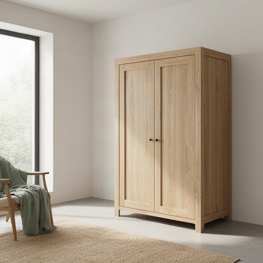 Massivholzschrank in einem hellen Innenraum mit sichtbarer handwerklicher Oberfläche