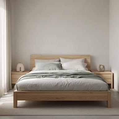 Ruhiges Schlafzimmer mit Massivholzbett, zwei Nachttischen und natürlicher Leinenbettwäsche