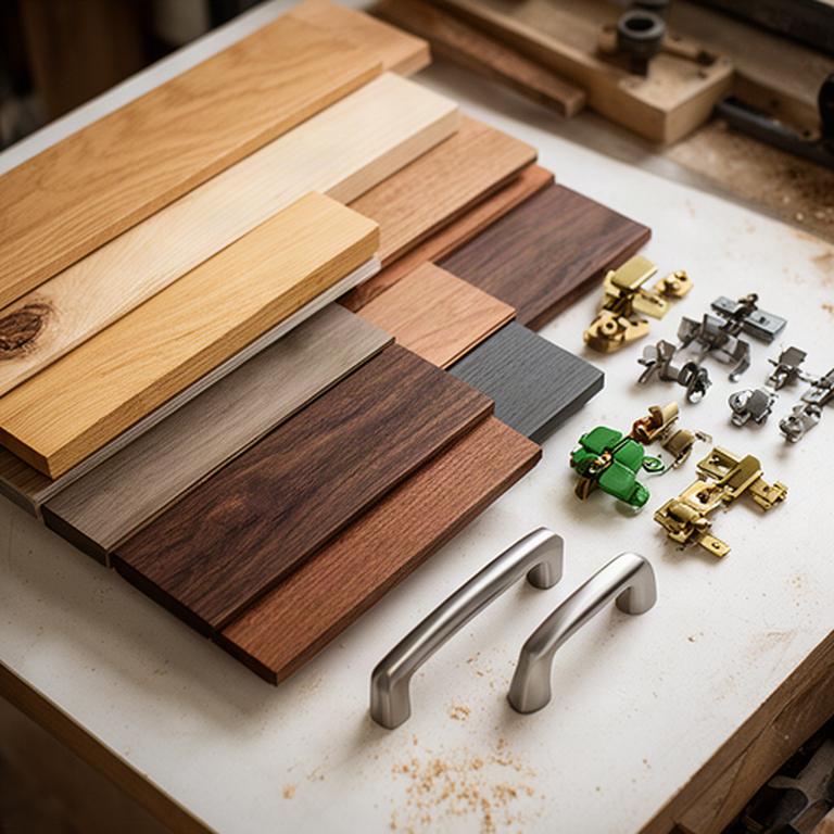 Musterplatten aus verschiedenen Holzölen neben Griffen und Beschlägen auf einem Werkstatttisch