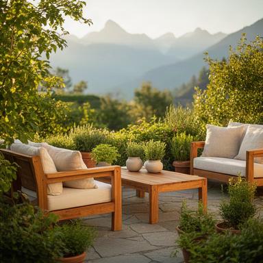 Terrassenlounge mit wetterfesten Holzmöbeln und grüner Umgebung im Schweizer Sommer
