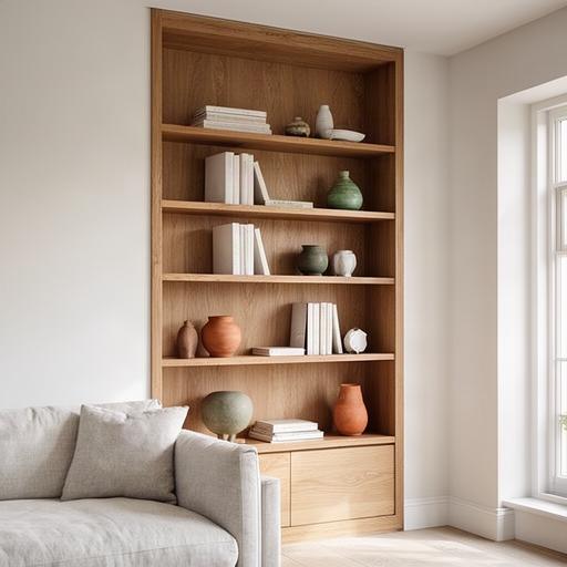 Deckenhohes Bücherregal aus Eiche, exakt eingepasst in eine Wohnnische mit Tageslicht