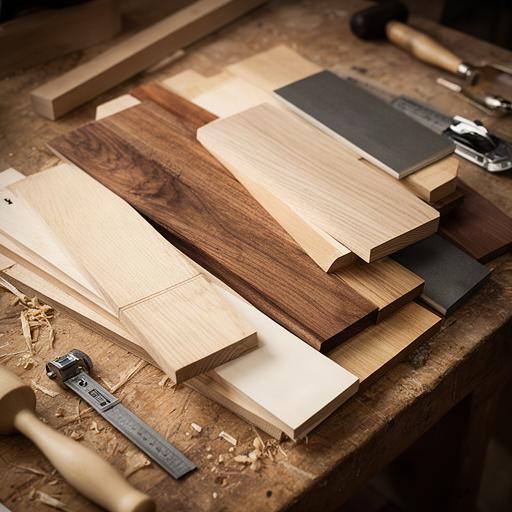 Holzproben aus Eiche, Nussbaum, Kirsche und Esche auf einer Werkbank der Möbelmanufaktur