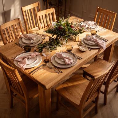 Festlich gedeckte Tafel auf einem handgefertigten Esstisch mit passenden Holzstühlen
