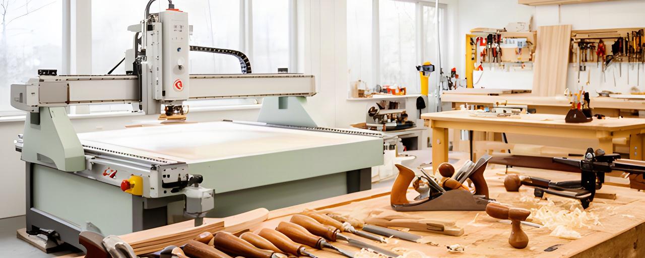 Helle Schreinerei in St. Gallen mit CNC-Maschine, Hobelbank und sorgfältig angeordneten Handwerkzeugen